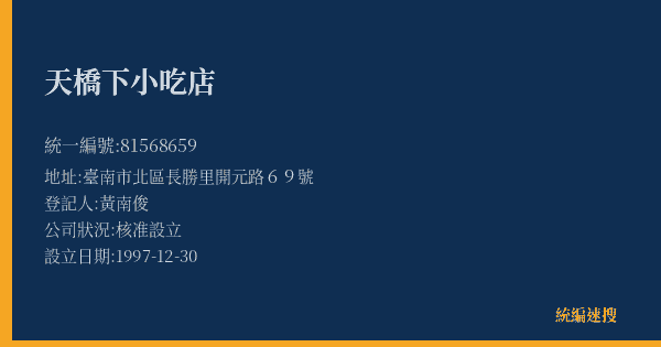 天橋下小吃店的照片-統編 81568659(臺南市) 公司登記資料與營業項目詳細圖表