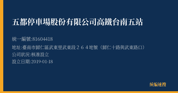 五都停車場股份有限公司高鐵台南五站的照片-統編 81604418(臺南市) 公司登記資料與營業項目詳細圖表