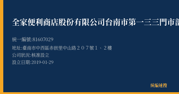 全家便利商店股份有限公司台南市第一三三門市部的照片-統編 81607029(臺南市) 公司登記資料與營業項目詳細圖表