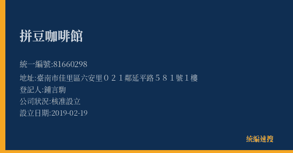 拼豆咖啡館的照片-統編 81660298(臺南市) 公司登記資料與營業項目詳細圖表