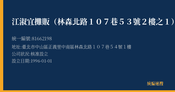 江淑宜攤販(林森北路107巷53號2樓之1)的照片-統編 81662198(臺北市) 公司登記資料與營業項目詳細圖表