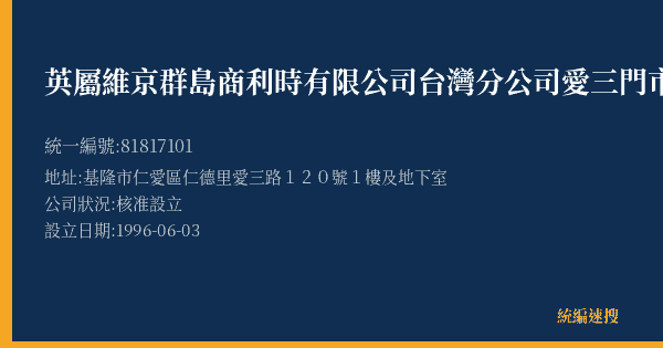英屬維京群島商利時有限公司台灣分公司愛三門市部的照片-統編 81817101(基隆市) 公司登記資料與營業項目詳細圖表