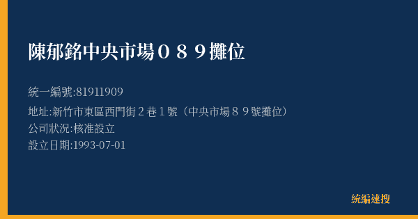 陳郁銘中央市場089攤位的照片-統編 81911909(新竹市) 公司登記資料與營業項目詳細圖表