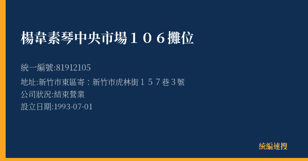 楊韋素琴中央市場106攤位的照片-統編 81912105(新竹市) 公司登記資料與營業項目詳細圖表
