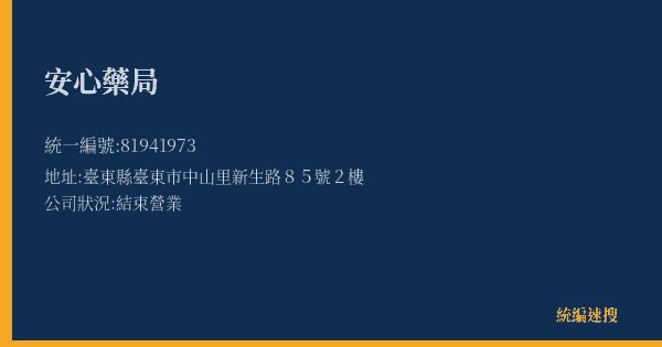 安心藥局的照片-統編 81941973(臺東縣) 公司登記資料與營業項目詳細圖表