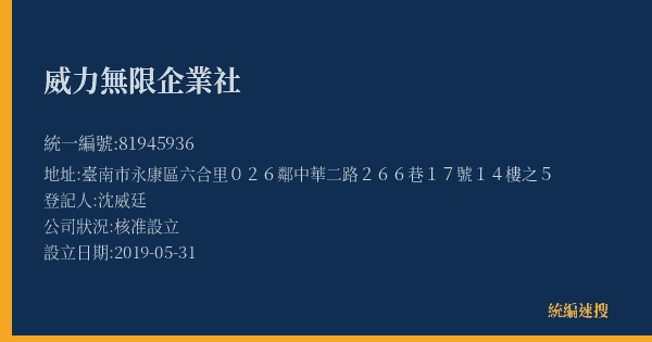 威力無限企業社的照片-統編 81945936(臺南市) 公司登記資料與營業項目詳細圖表