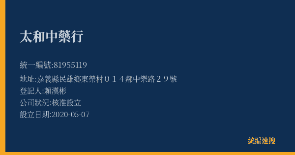 太和中藥行的照片-統編 81955119(嘉義縣) 公司登記資料與營業項目詳細圖表