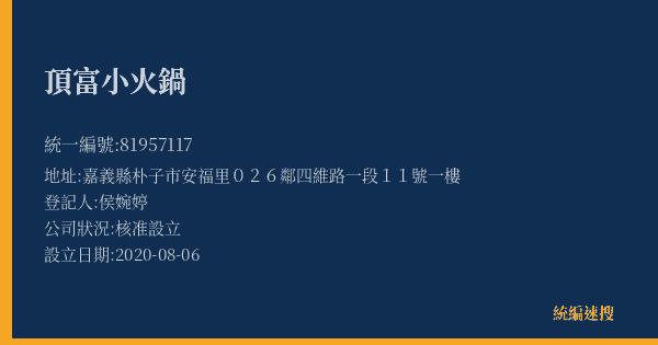 頂富小火鍋的照片-統編 81957117(嘉義縣) 公司登記資料與營業項目詳細圖表
