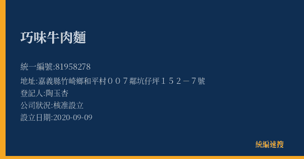 巧味牛肉麵的照片-統編 81958278(嘉義縣) 公司登記資料與營業項目詳細圖表