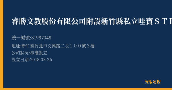 睿勝文教股份有限公司附設新竹縣私立哇寶STEAM教育科學文理技藝短期補習班的照片-統編 81997048(新竹縣) 公司登記資料與營業項目詳細圖表