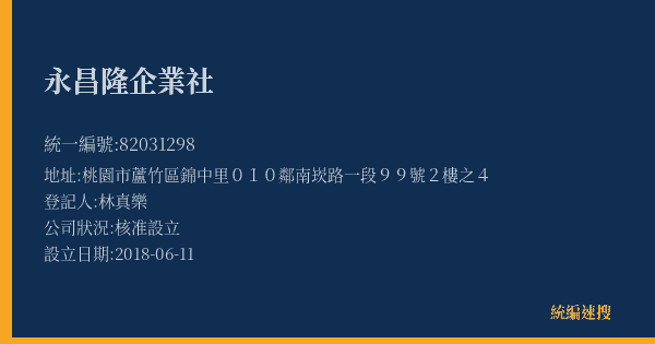 永昌隆企業社的照片-統編 82031298(桃園市) 公司登記資料與營業項目詳細圖表