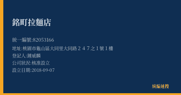 銘町拉麵店的照片-統編 82053166(桃園市) 公司登記資料與營業項目詳細圖表