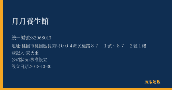 月月養生館的照片-統編 82068013(桃園市) 公司登記資料與營業項目詳細圖表
