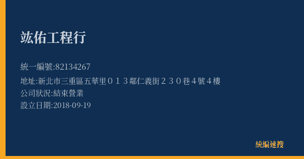 竑佑工程行的照片-統編 82134267(新北市) 公司登記資料與營業項目詳細圖表