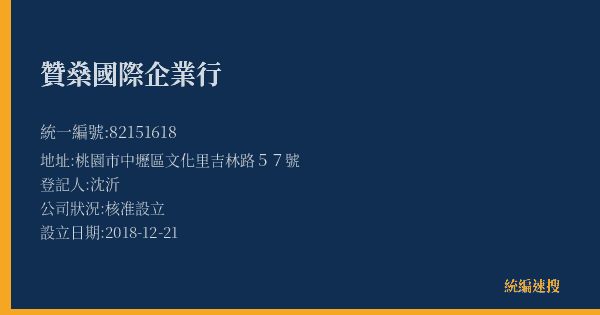 贊燊國際企業行的照片-統編 82151618(桃園市) 公司登記資料與營業項目詳細圖表