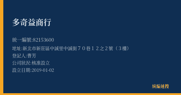 多奇益商行的照片-統編 82153600(新北市) 公司登記資料與營業項目詳細圖表