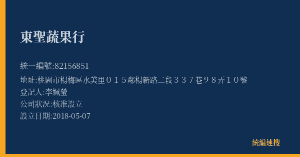 東聖蔬果行的照片-統編 82156851(桃園市) 公司登記資料與營業項目詳細圖表