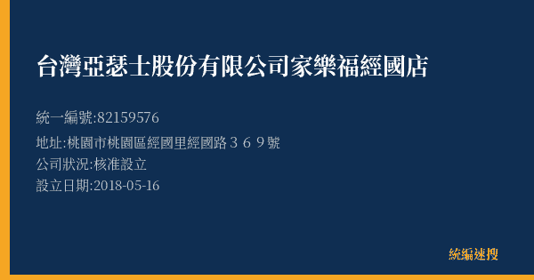 台灣亞瑟士股份有限公司家樂福經國店的照片-統編 82159576(桃園市) 公司登記資料與營業項目詳細圖表