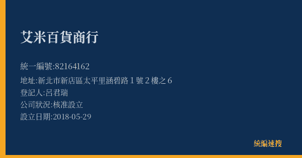 艾米百貨商行的照片-統編 82164162(新北市) 公司登記資料與營業項目詳細圖表