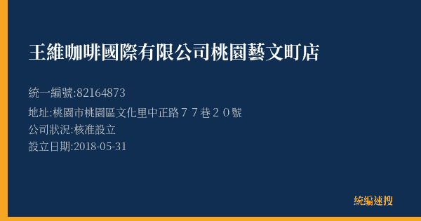 王維咖啡國際有限公司桃園藝文町店的照片-統編 82164873(桃園市) 公司登記資料與營業項目詳細圖表