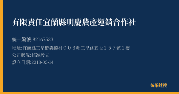 有限責任宜蘭縣明慶農產運銷合作社的照片-統編 82167533(宜蘭縣) 公司登記資料與營業項目詳細圖表