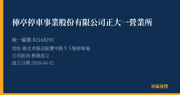 俥亭停車事業股份有限公司正大一營業所的照片-統編 82168293(新北市) 公司登記資料與營業項目詳細圖表