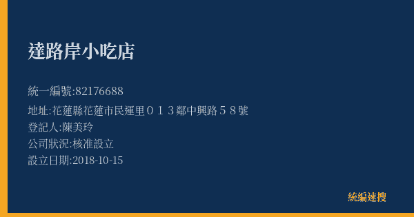 達路岸小吃店的照片-統編 82176688(花蓮縣) 公司登記資料與營業項目詳細圖表