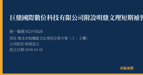 巨鼎國際數位科技有限公司附設明鼎文理短期補習班的照片-統編 82195828(新北市) 公司登記資料與營業項目詳細圖表