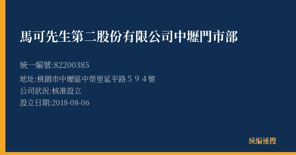 馬可先生第二股份有限公司中壢門市部的照片-統編 82200385(桃園市) 公司登記資料與營業項目詳細圖表