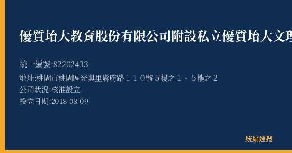 優質坮大教育股份有限公司附設私立優質坮大文理短期補習班的照片-統編 82202433(桃園市) 公司登記資料與營業項目詳細圖表