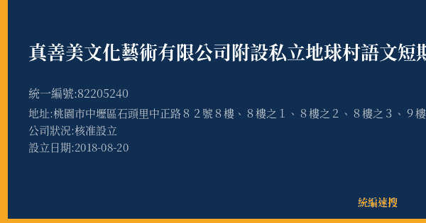 真善美文化藝術有限公司附設私立地球村語文短期補習班的照片-統編 82205240(桃園市) 公司登記資料與營業項目詳細圖表
