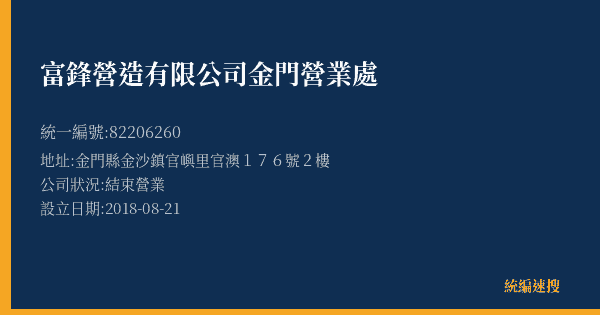 富鋒營造有限公司金門營業處的照片-統編 82206260(金門縣) 公司登記資料與營業項目詳細圖表