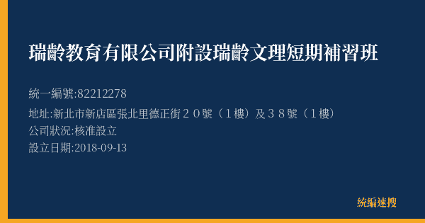 瑞齡教育有限公司附設瑞齡文理短期補習班的照片-統編 82212278(新北市) 公司登記資料與營業項目詳細圖表