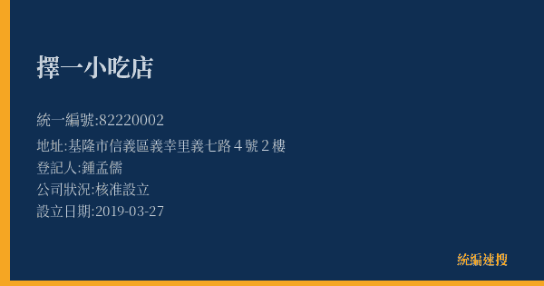 擇一小吃店的照片-統編 82220002(基隆市) 公司登記資料與營業項目詳細圖表