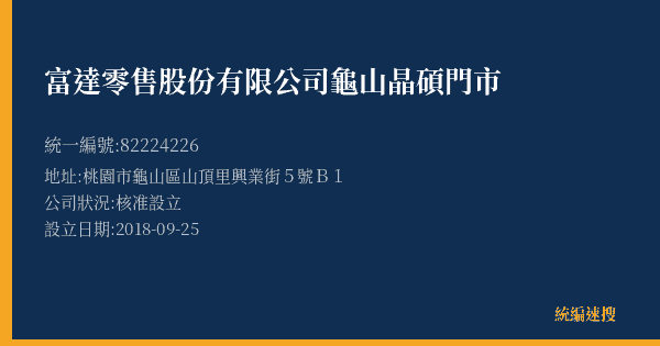 富達零售股份有限公司龜山晶碩門市的照片-統編 82224226(桃園市) 公司登記資料與營業項目詳細圖表