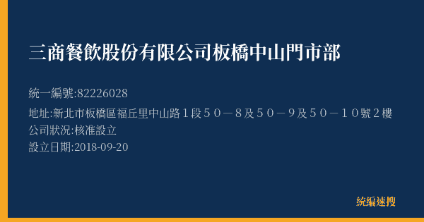 三商餐飲股份有限公司板橋中山門市部的照片-統編 82226028(新北市) 公司登記資料與營業項目詳細圖表