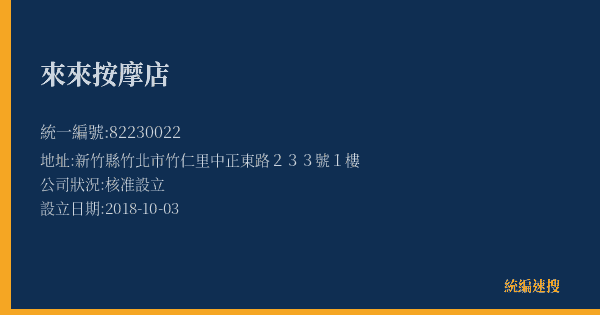 來來按摩店的照片-統編 82230022(新竹縣) 公司登記資料與營業項目詳細圖表
