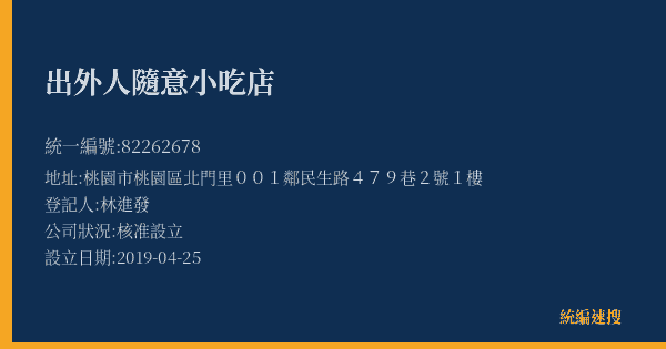 出外人隨意小吃店的照片-統編 82262678(桃園市) 公司登記資料與營業項目詳細圖表