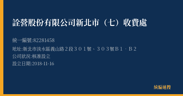 詮營股份有限公司新北市(七)收費處的照片-統編 82281458(新北市) 公司登記資料與營業項目詳細圖表