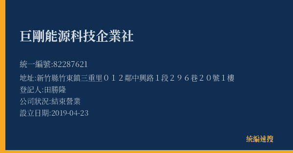巨剛能源科技企業社的照片-統編 82287621(新竹縣) 公司登記資料與營業項目詳細圖表