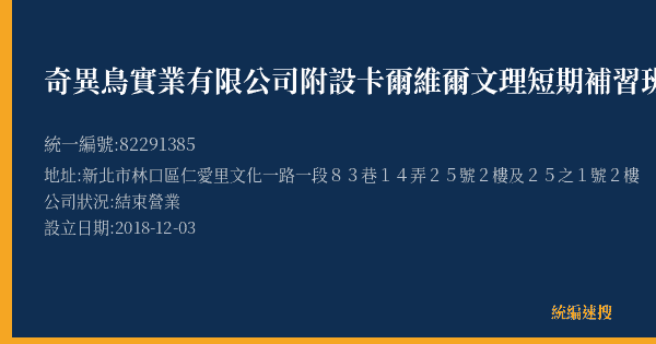 奇異鳥實業有限公司附設卡爾維爾文理短期補習班的照片-統編 82291385(新北市) 公司登記資料與營業項目詳細圖表