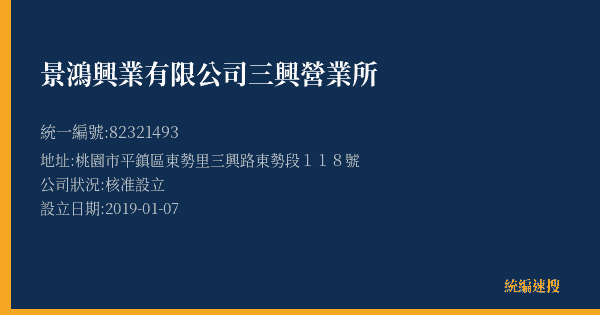 景鴻興業有限公司三興營業所的照片-統編 82321493(桃園市) 公司登記資料與營業項目詳細圖表