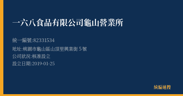 一六八食品有限公司龜山營業所的照片-統編 82331534(桃園市) 公司登記資料與營業項目詳細圖表