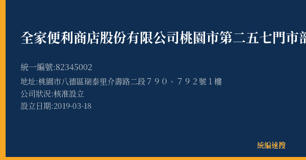 全家便利商店股份有限公司桃園市第二五七門市部的照片-統編 82345002(桃園市) 公司登記資料與營業項目詳細圖表