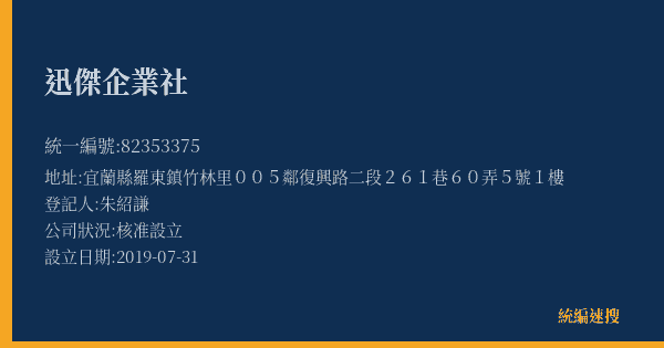 迅傑企業社的照片-統編 82353375(宜蘭縣) 公司登記資料與營業項目詳細圖表