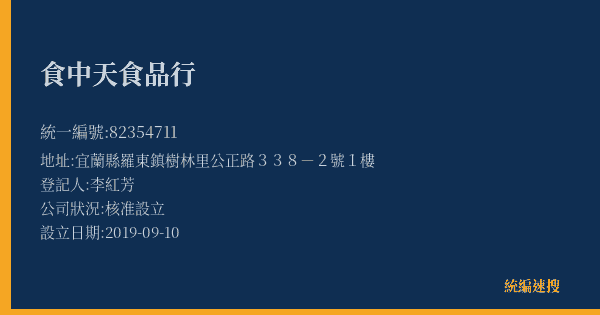食中天食品行的照片-統編 82354711(宜蘭縣) 公司登記資料與營業項目詳細圖表
