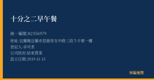 十分之二早午餐的照片-統編 82356979(宜蘭縣) 公司登記資料與營業項目詳細圖表