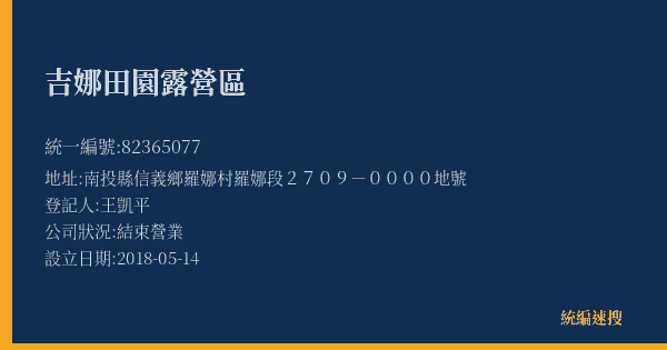 吉娜田園露營區的照片-統編 82365077(南投縣) 公司登記資料與營業項目詳細圖表