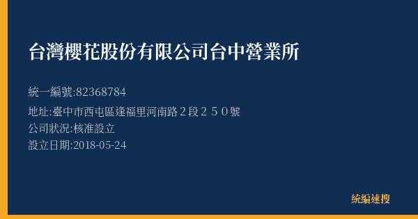 台灣櫻花股份有限公司台中營業所的照片-統編 82368784(臺中市) 公司登記資料與營業項目詳細圖表