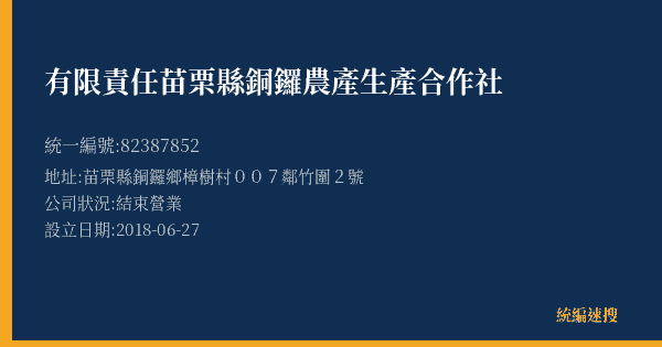 有限責任苗栗縣銅鑼農產生產合作社的照片-統編 82387852(苗栗縣) 公司登記資料與營業項目詳細圖表